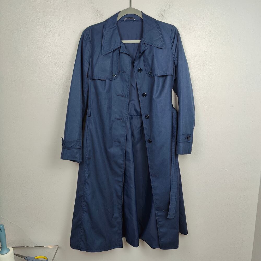 Vintage‎ 1960s Akylon Paris Trench Coat Womens 40 US 8 Navy Blue Jacket French - Picture 2 of 11
